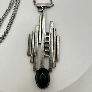 Aaron Rubinstein 1991 sterling silver onyx modernist handmade pendant necklace
